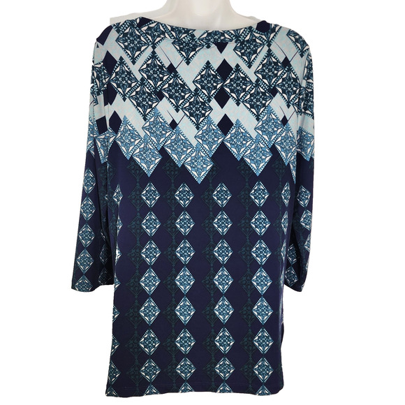 Chico's Easywear Tunic Top Size 1 Medium Blue Green 3/4 Sleeve Geometric Diamond - Picture 2 of 10